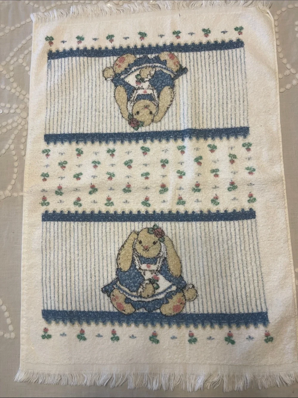Plush Bunny Embroidered Hand Towel - Cream and Blue